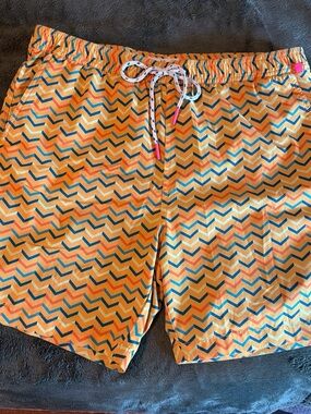 Psycho Bunny Chevron Swim Shorts in Yellow, Teal, Coral & Light Gray